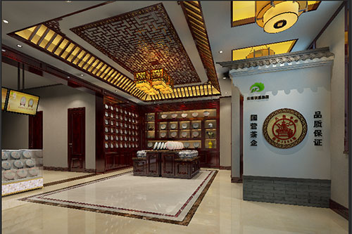 阳高古朴典雅的中式茶叶店大堂设计效果图